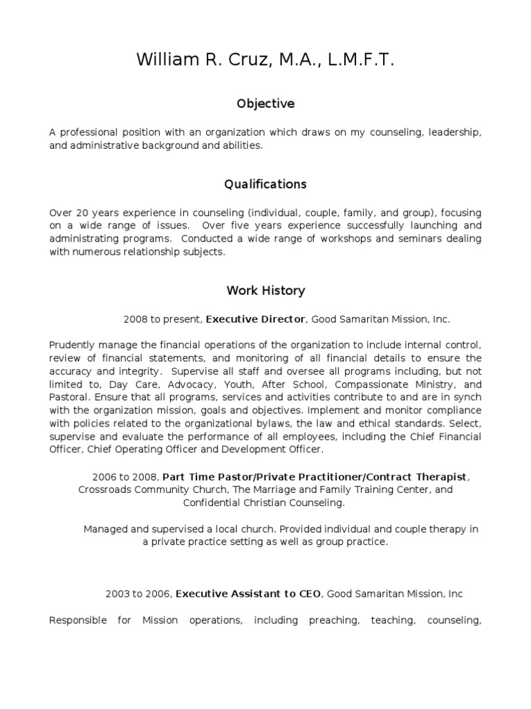 Marriage and Family Therapist Resume | PDF | Family Therapy | Internal ...