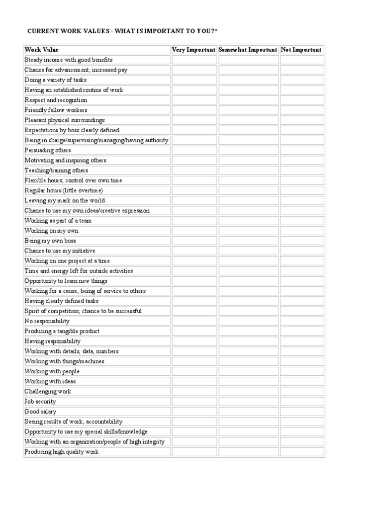 Key Work Values Assessment Guide | PDF