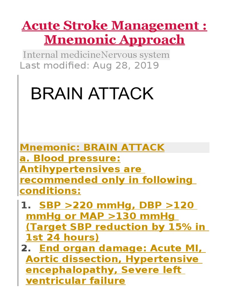 Acute Stroke Management Mnemonics | PDF | Blood Pressure | Stroke