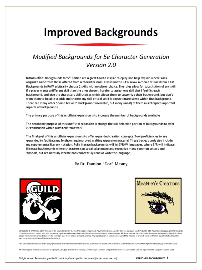 Improved Backgrounds: Modified Backgrounds For 5e Character Generation ...