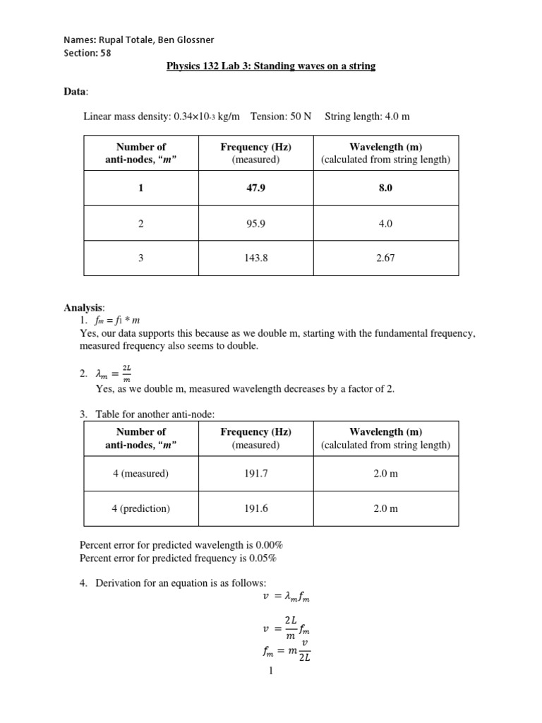 Standing Waves on a String Lab Analysis | PDF | Teaching Methods ...