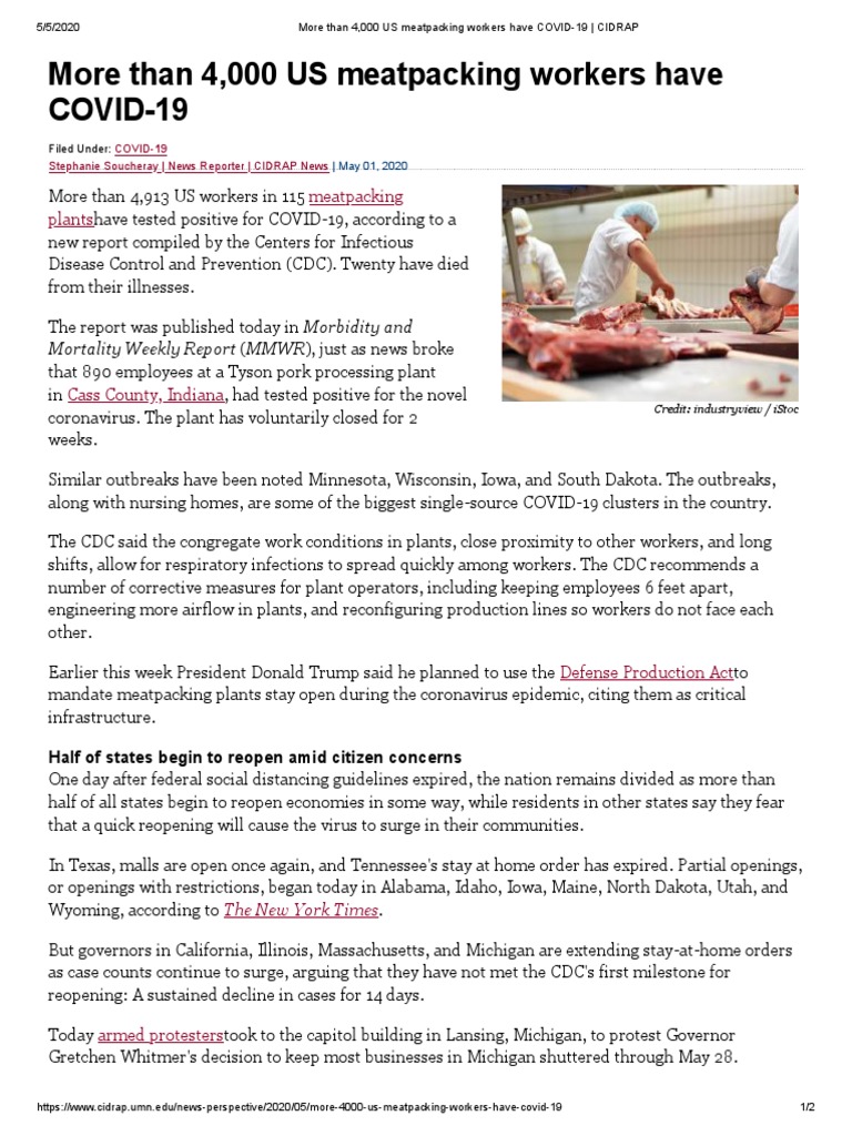 COVID-19 Cases in US Meatpacking Workers | PDF | Food And Drug ...