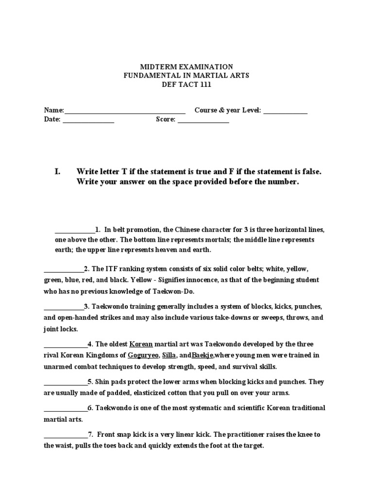 i write letter t if the statement is true and f if the statement is false write your answer on the space provided before the number taekwondo combat sports scribd