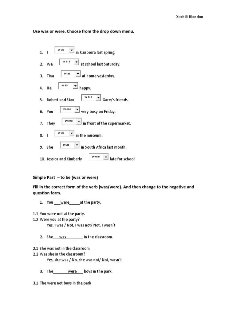 Simple Past Tense: Was or Were Exercises | PDF | Language Arts & Discipline