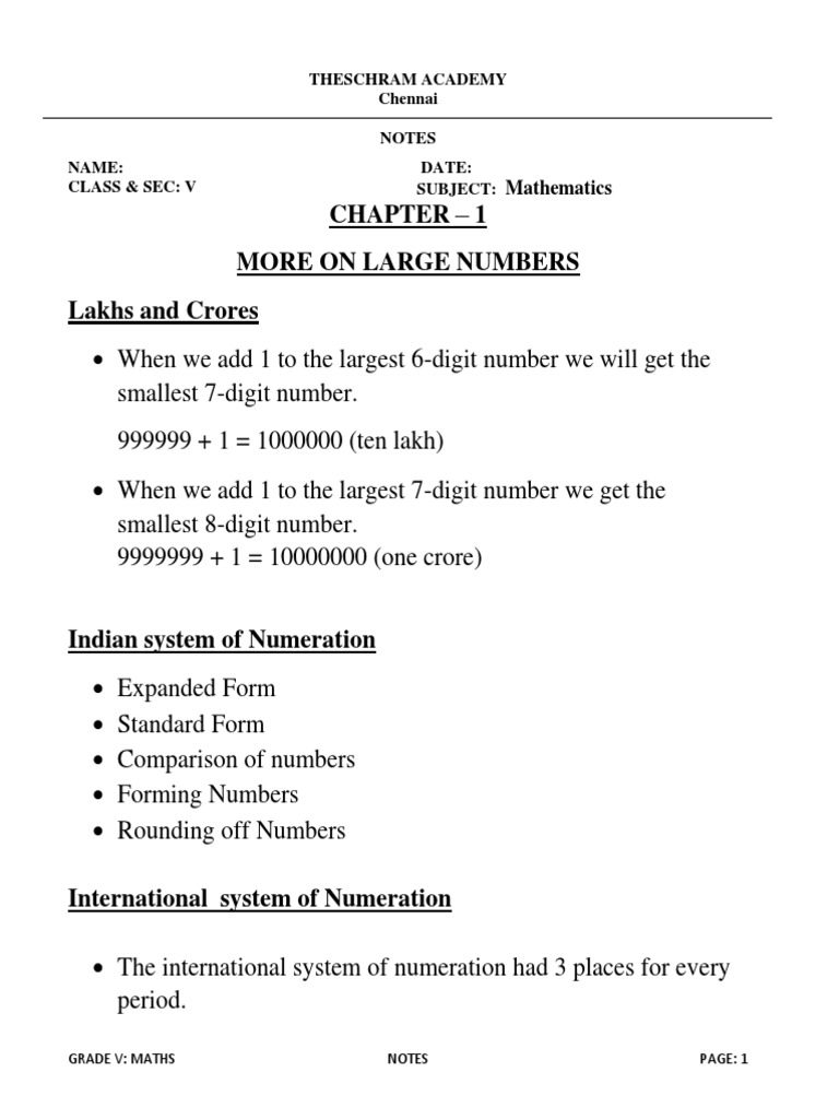 Chapter 1 More On Large Numbers Lakhs and Crores Mathematics PDF