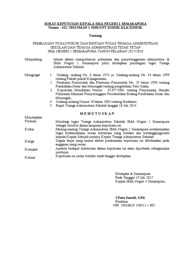 Contoh Sk Pembagian Tugas Tu