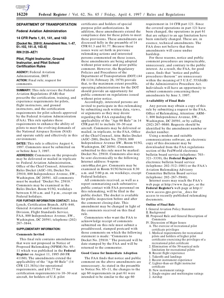 62 FR 04-04-1997 Part 61 & 141 Massive Amendment | PDF | Flight ...