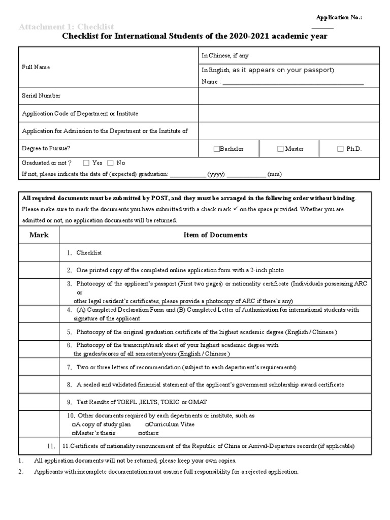 International Student Application Checklist | PDF | Academic Degree ...