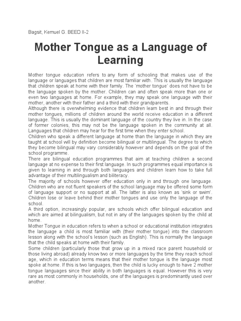 Mother Tongue As A Language of Learning | PDF | First Language ...