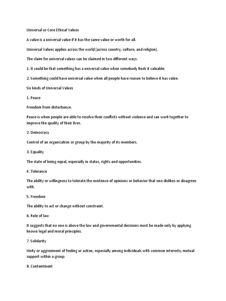 Six Core Ethical Values and Fourteen Universal Values: An Analysis of ...