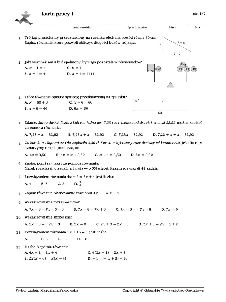 Sprawdzian Wyrażenia Algebraiczne Klasa 7 Pdf