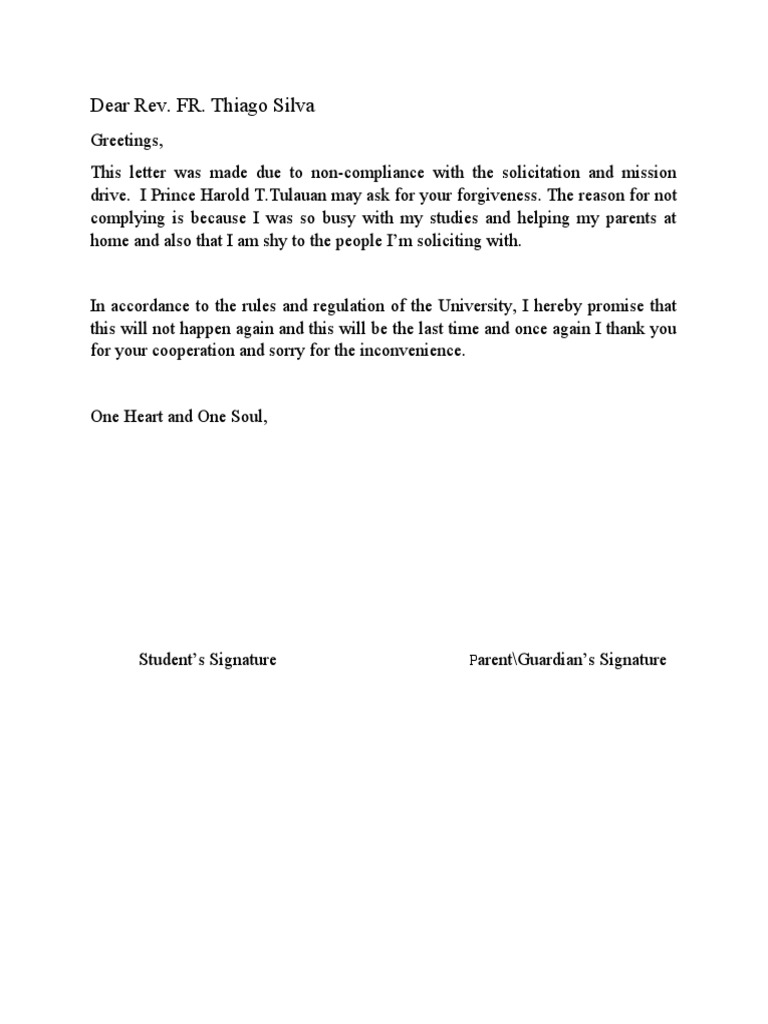 Apology Letter for Mission Non-Compliance | PDF | Wellness