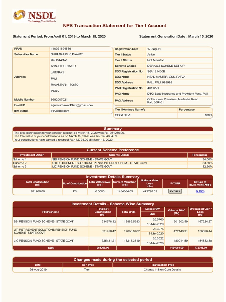 NPS Transaction Statement For Tier I Account | PDF | Tax Deduction ...