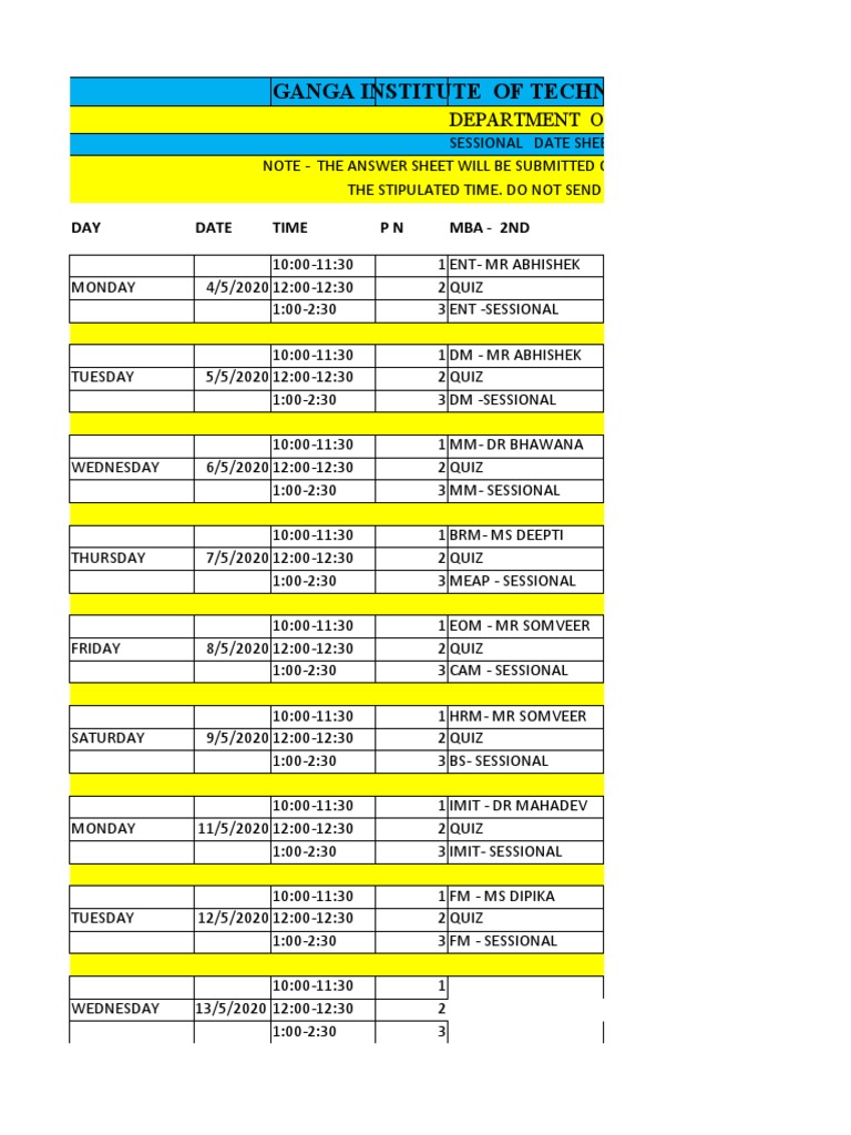 Sessional Schedule of Mba | PDF