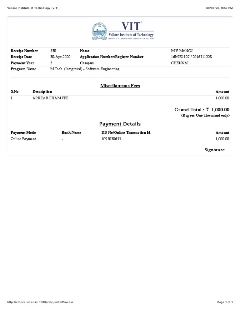 Vellore Institute of Technology (VIT) PDF | PDF