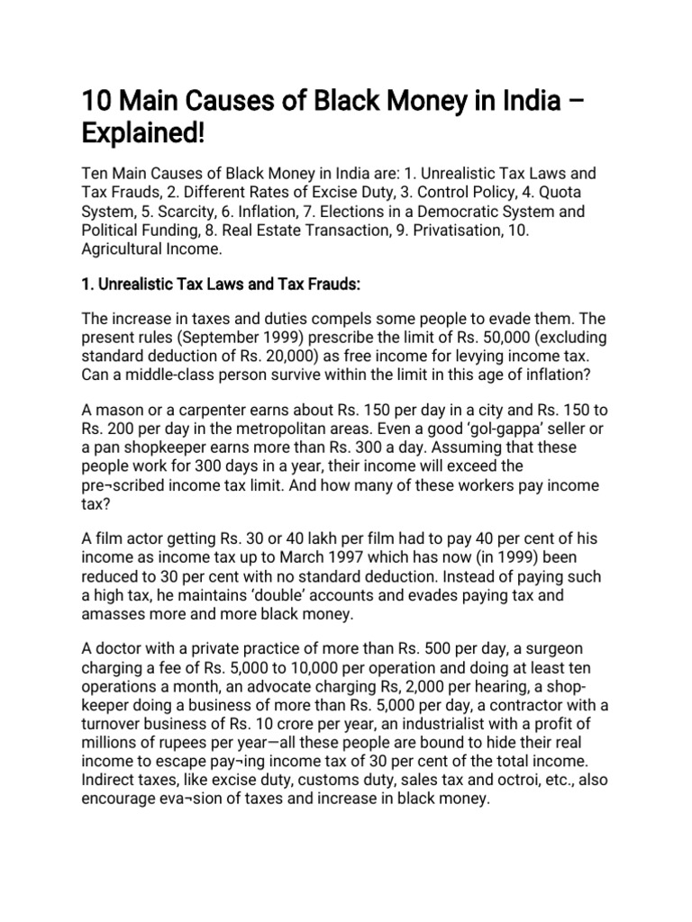 10 Main Causes of Black Money in India PDF Nature