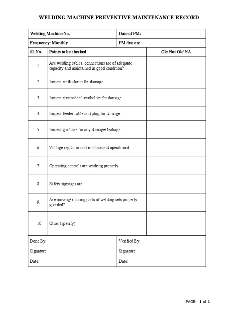 Welding Machine Preventive Maintenance Record PDF