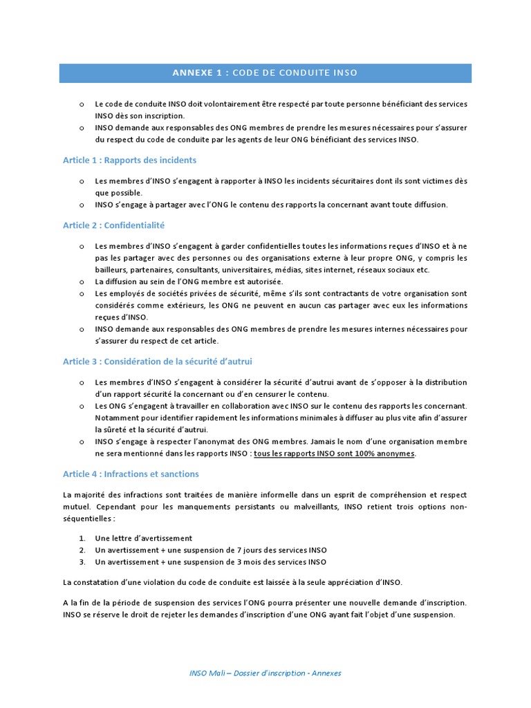 Code de Conduite INSO Mali : Règles et Sanctions | PDF | Sécurité ...