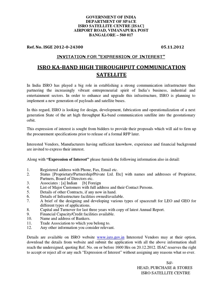 ISRO Ka-Band Satellite EOI | PDF | Reliability Engineering | Quality ...