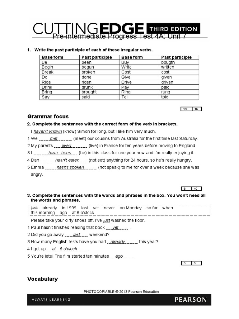 Cutting Edge Unit 7 Progress Test Pdf English Language Linguistic Morphology
