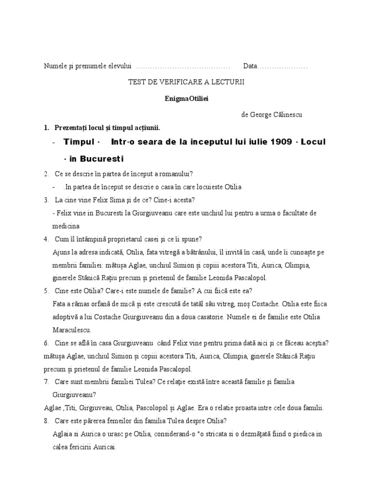 Test de Lectura - Enigma Otiliei | PDF