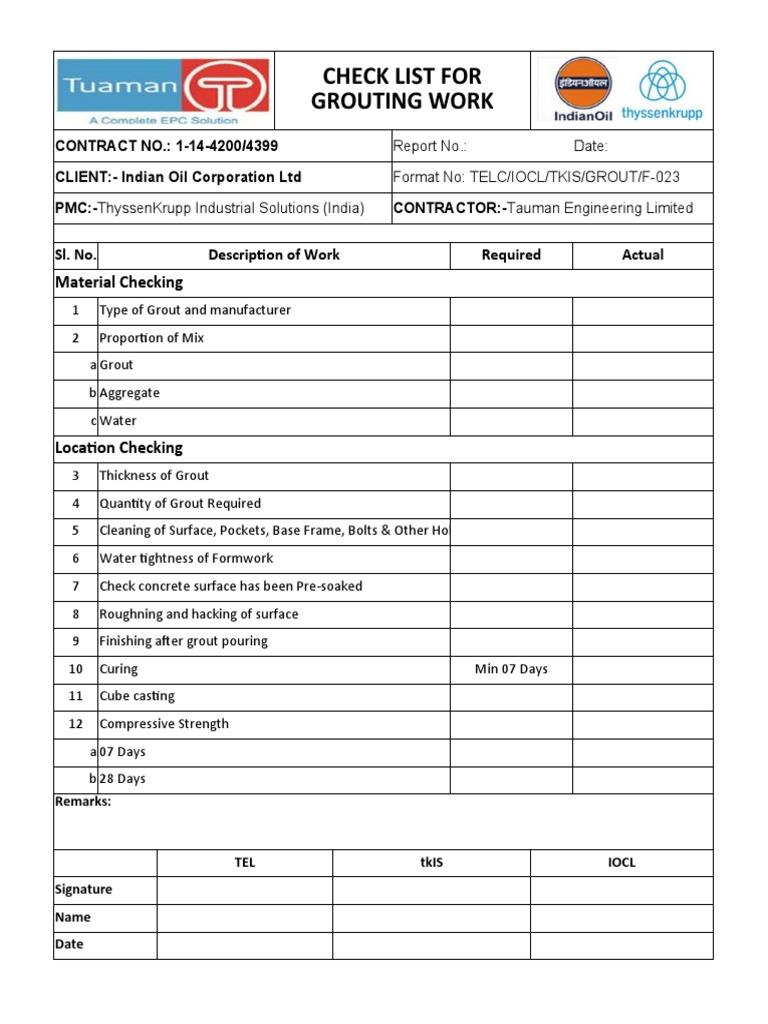 Grouting Checklist PDF