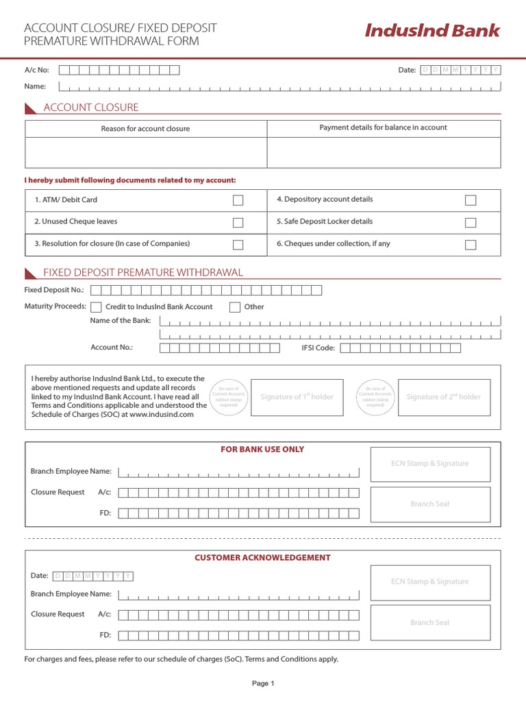 Account Closure And Term Deposit Premature Withdrawal Form Transaction Account Banks