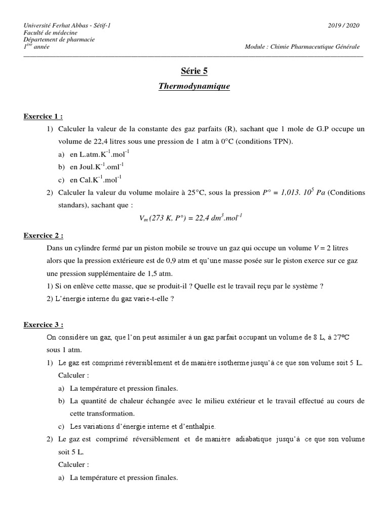 Thermodynamique en Chimie Générale | PDF | Enthalpie | Pression