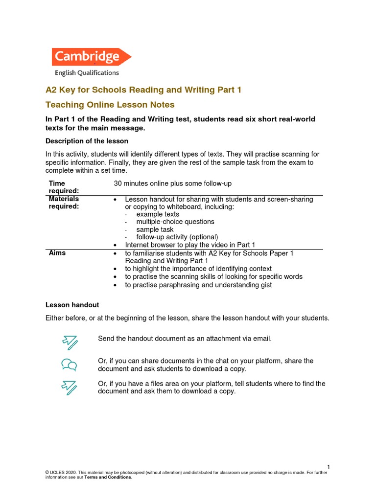 A2 Key For Schools Reading and Writing Part 1 Teaching Online Lesson ...