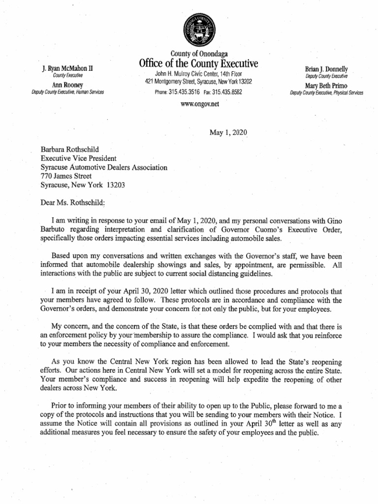 McMahon's letter to auto dealers