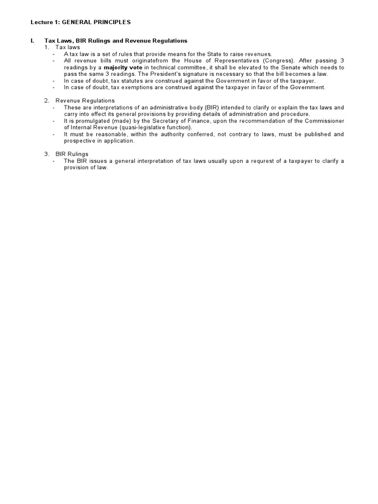Lecture 1: General Principles I. Tax Laws, BIR Rulings and Revenue ...