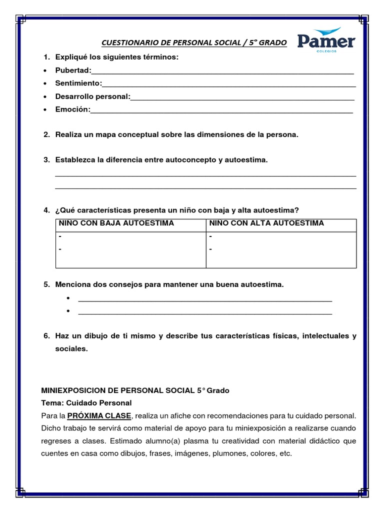 Cuestionario de Personal Social 5° Grado | PDF