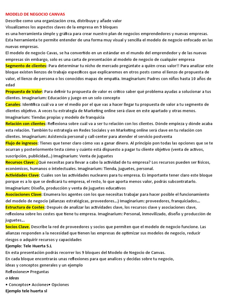 Ejemplo de Modelo Canvas en Negocios | PDF | Cliente | Modelo de negocio