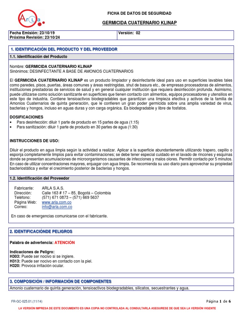 Germicida Cuaternario Klinap: Seguridad y Uso | PDF | Hidrógeno | Agua
