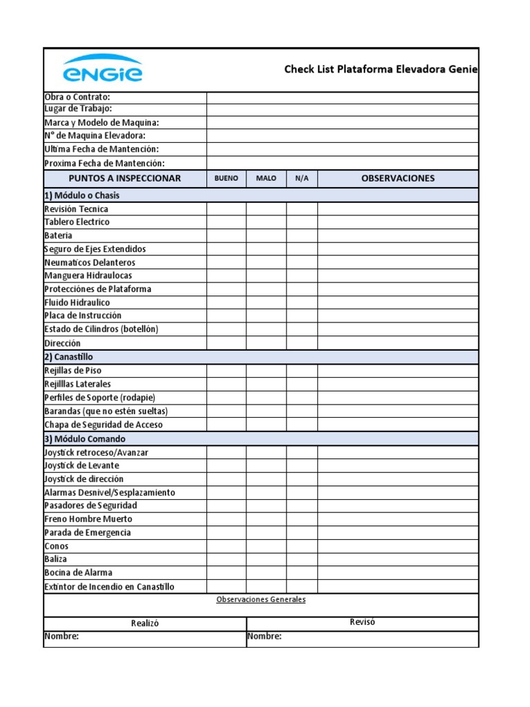 Check List Plataforma Elevadora Genie | PDF | Tecnología