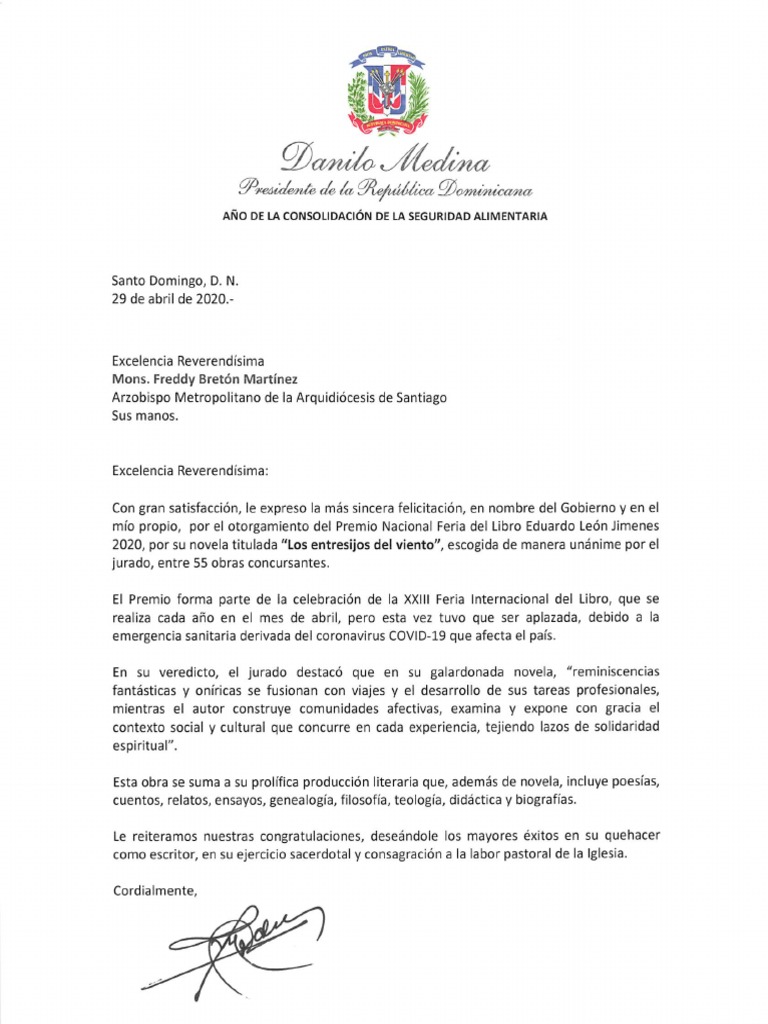 Carta de felicitación del presidente Danilo Medina a monseñor Freddy