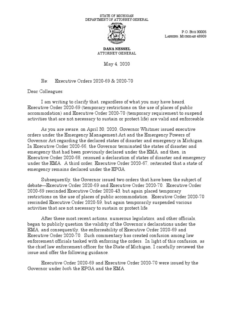 AG Nessel Finds Gov. Whitmer's Executive Orders Are Valid and