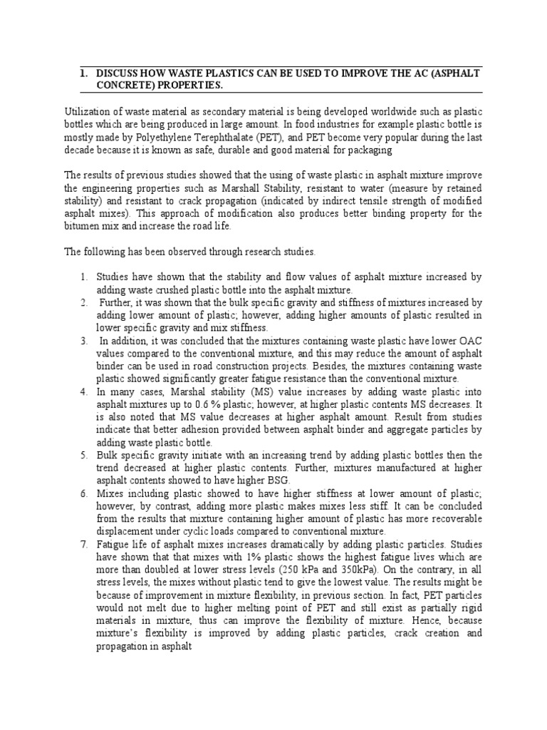 Discuss How Waste Plastics Can Be Used To Improve The Ac (Asphalt
