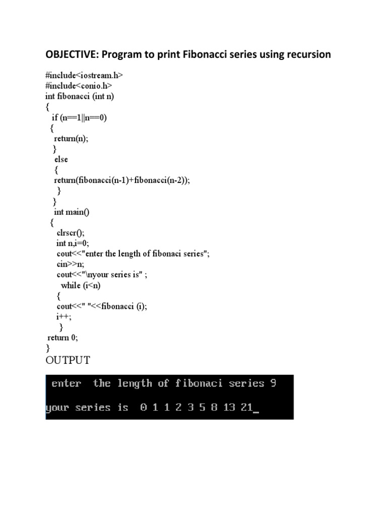 OBJECTIVE: Program To Print Fibonacci Series Using Recursion | PDF