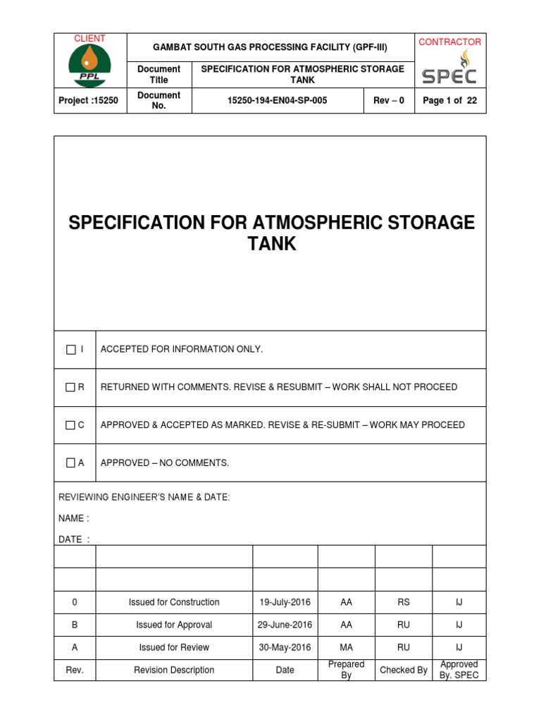 Atmospheric Storage Tank Specification | PDF | Specification (Technical ...