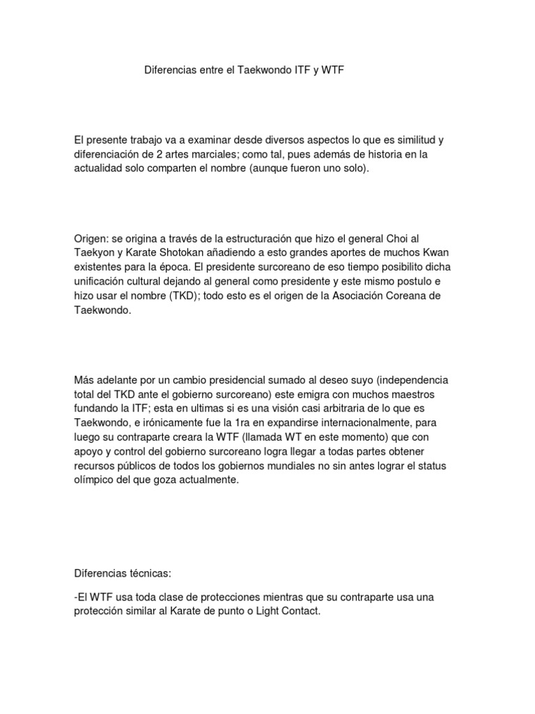 Diferencias Entre El Taekwondo ITF y WTF | PDF | Taekwondo | Kárate