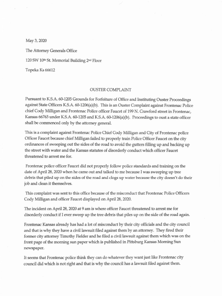 Complaint Against Frontenac, Kansas, Chief of Police Cody Milligan, and
