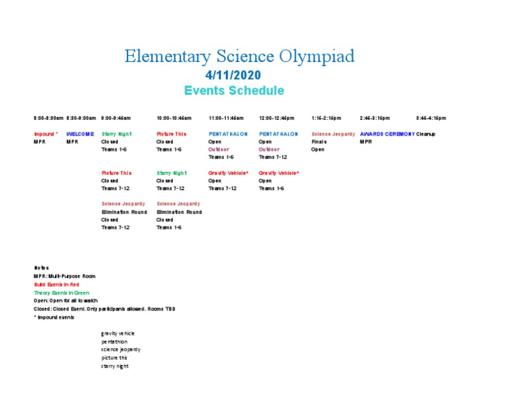 Elementary Science Olympiad Events Schedule PDF