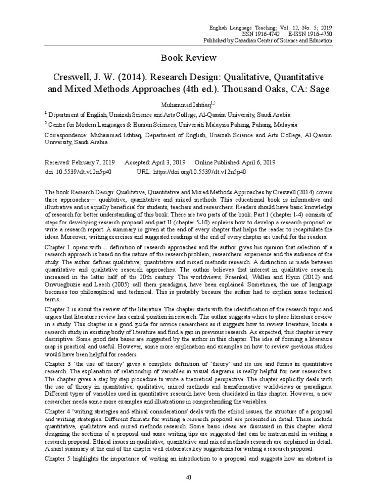 Book Review Creswell, J. W. (2014) Research Design Qualitative