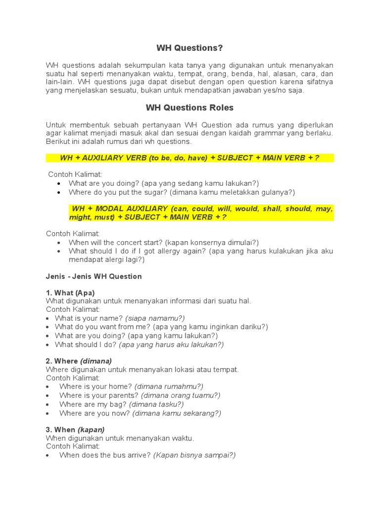 Materi WH Question | PDF | Kajian Bahasa Asing