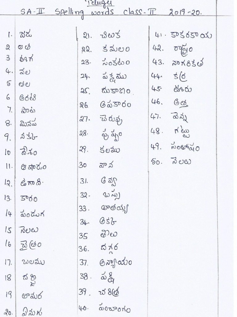 Telugu Spelling Words For Sa 2 Class 2 2020 1 Pdf