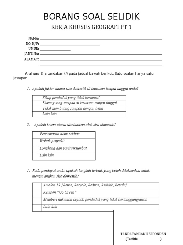 Contoh Borang Soal Selidik Geografi Tingkatan 1