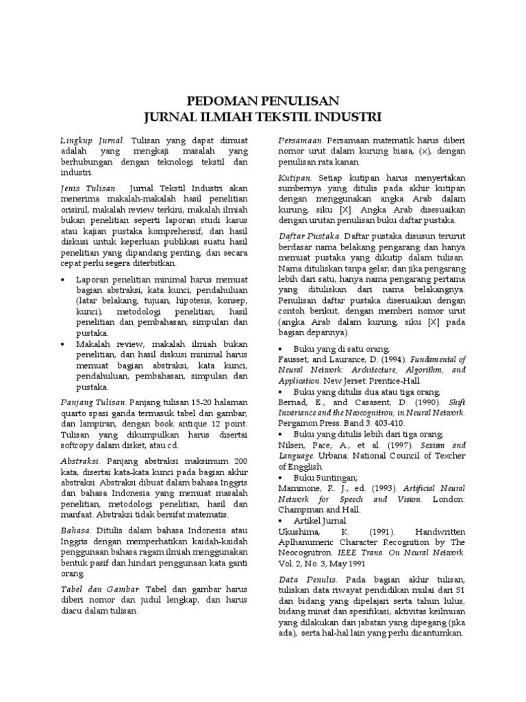 Pedoman Penulisan Jurnal Ilmiah Tekstil Industri