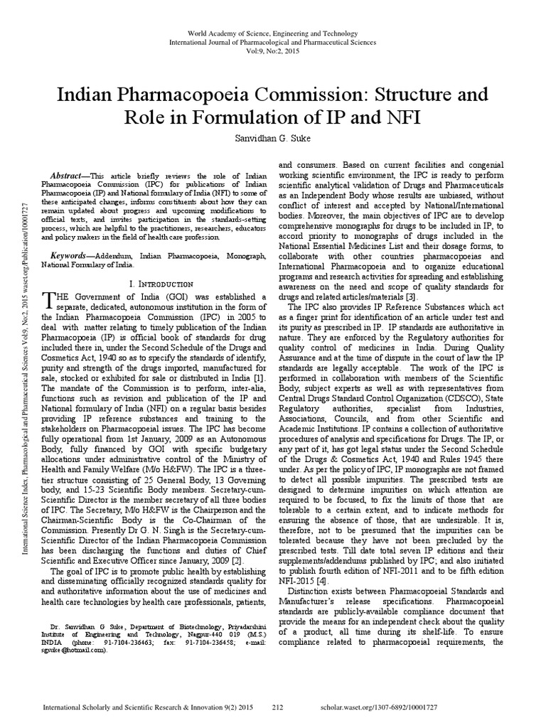 Indian Pharmacopoeia Commission Structure and Role in Formulation of IP