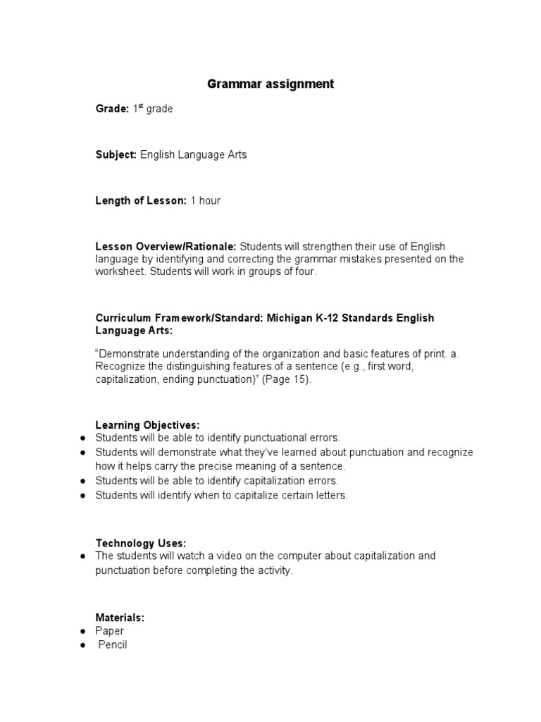 Grammar Assignment | PDF | Worksheet | Punctuation